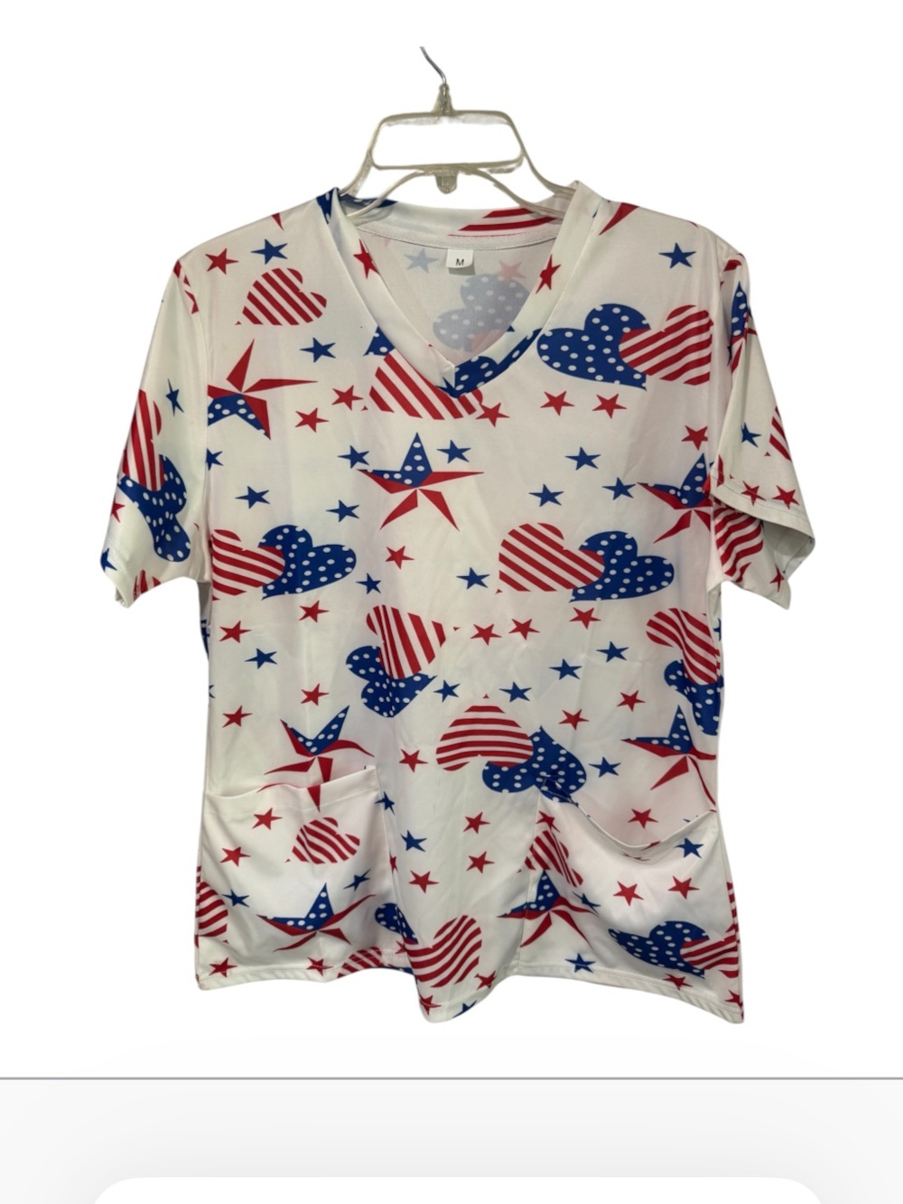 Women  Independence Day V-Neck Casual Short sleeve blouse scrub with pockets